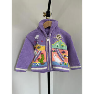 Vintage Peruvian Style Sweater, Sunny Bunny Landscape w/ 3D Elements